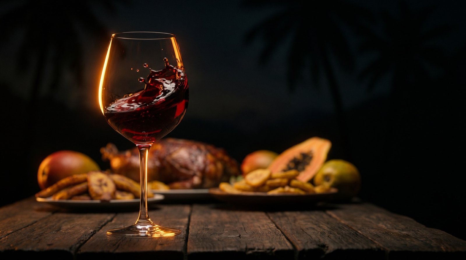 Copa de vino tinto sobre una mesa rústica oscura con un festín latinoamericano difuminado al fondo