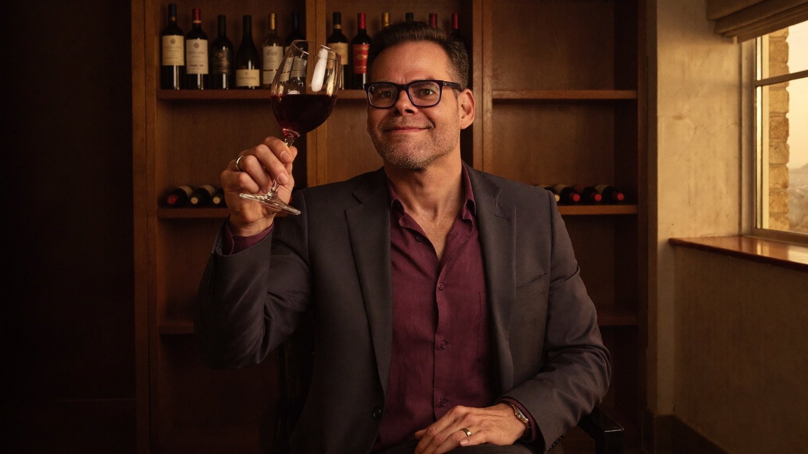 J. Reinaldo, el sommelier criollo, en su biblioteca de vinos con una copa de Malbec