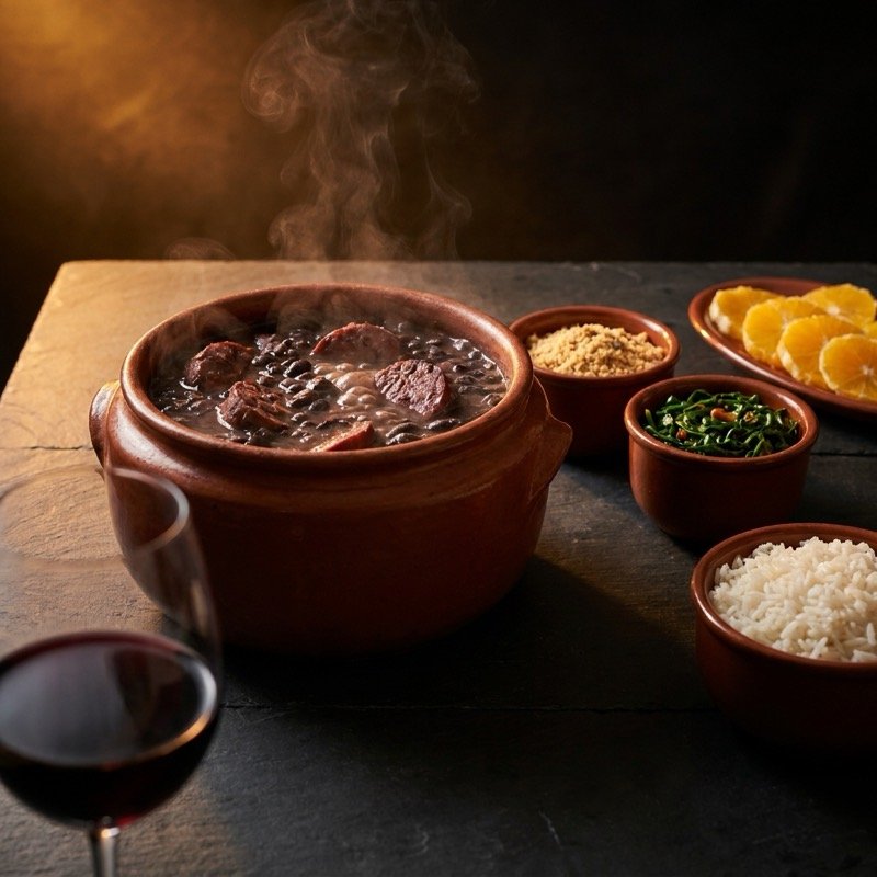 Feijoada brasileña en olla de barro con arroz y naranja junto a una copa de Tannat