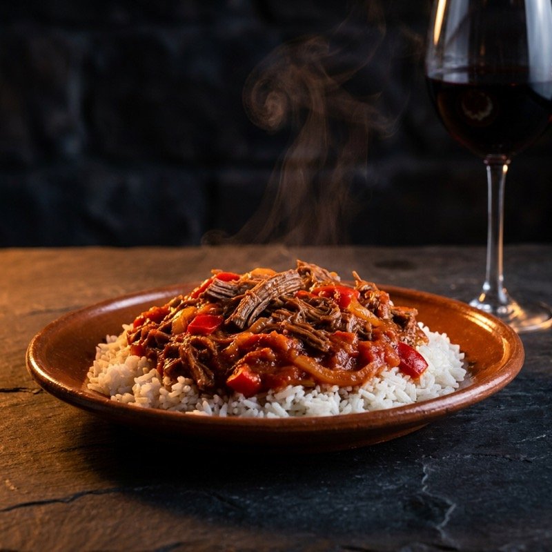 Ropa vieja cubana sobre arroz blanco junto a una copa de Rioja Crianza