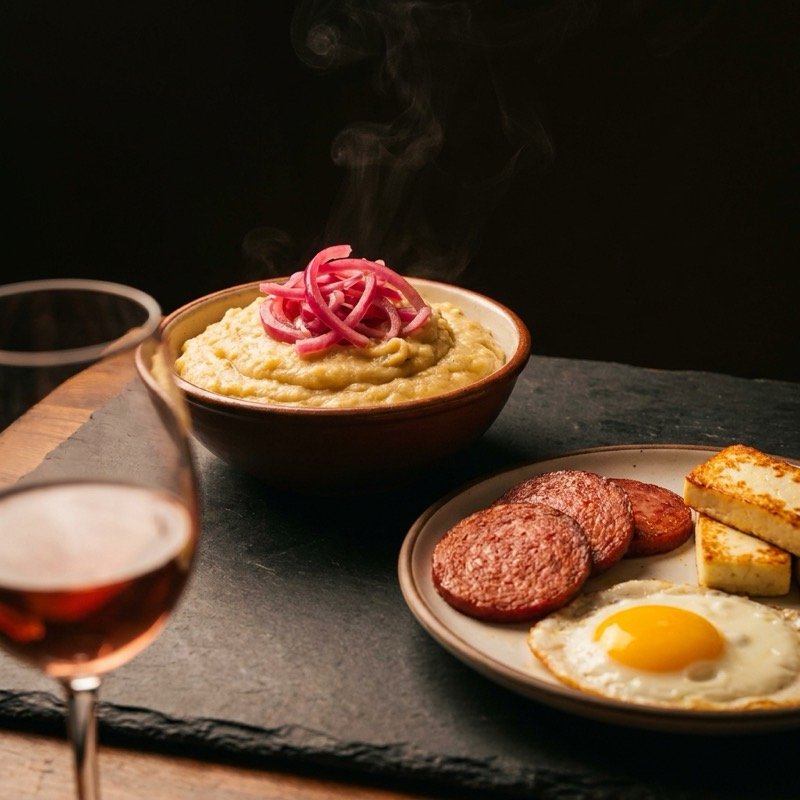 Mangú dominicano con los tres golpes junto a una copa de Beaujolais