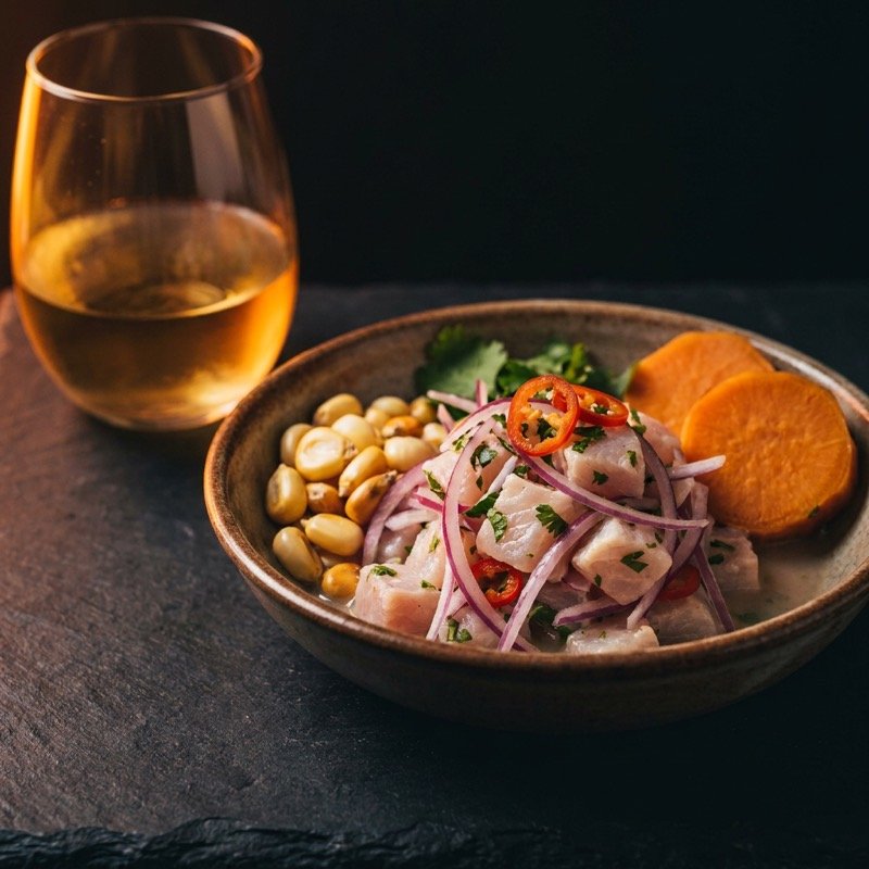 Ceviche limeño con camote y choclo junto a una copa de Sauvignon Blanc